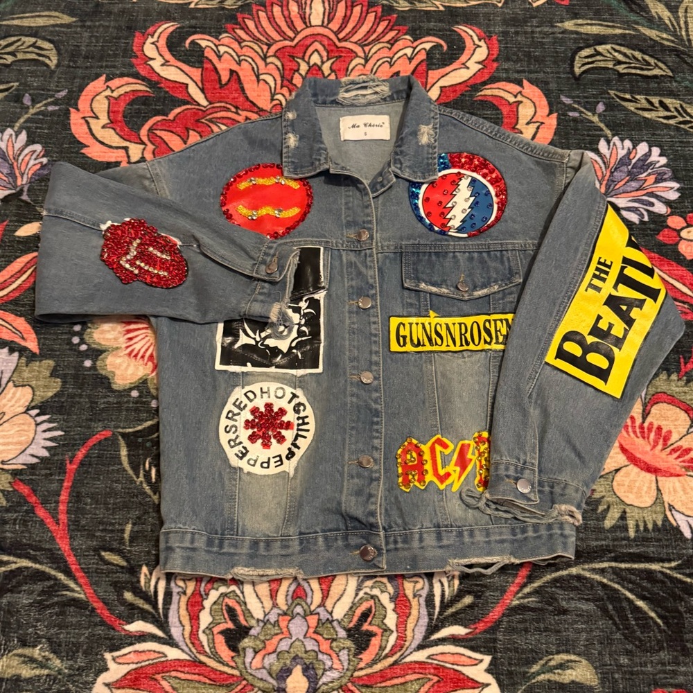 🎸 Rock Band Patch Denim Jacket AC/DC Beatles Nirvana Guns N’ Roses Sz S